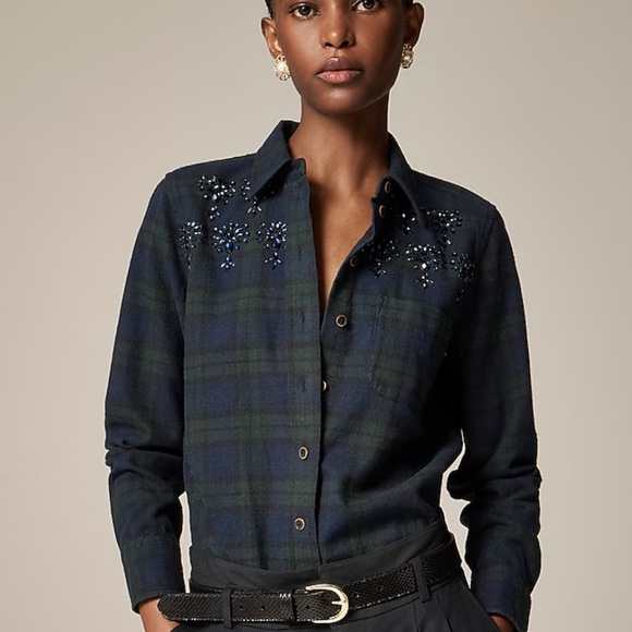 J. Crew Embellished shrunken button-up shirt in tartan brushed cotton oxford 6 - Picture 1 of 6
